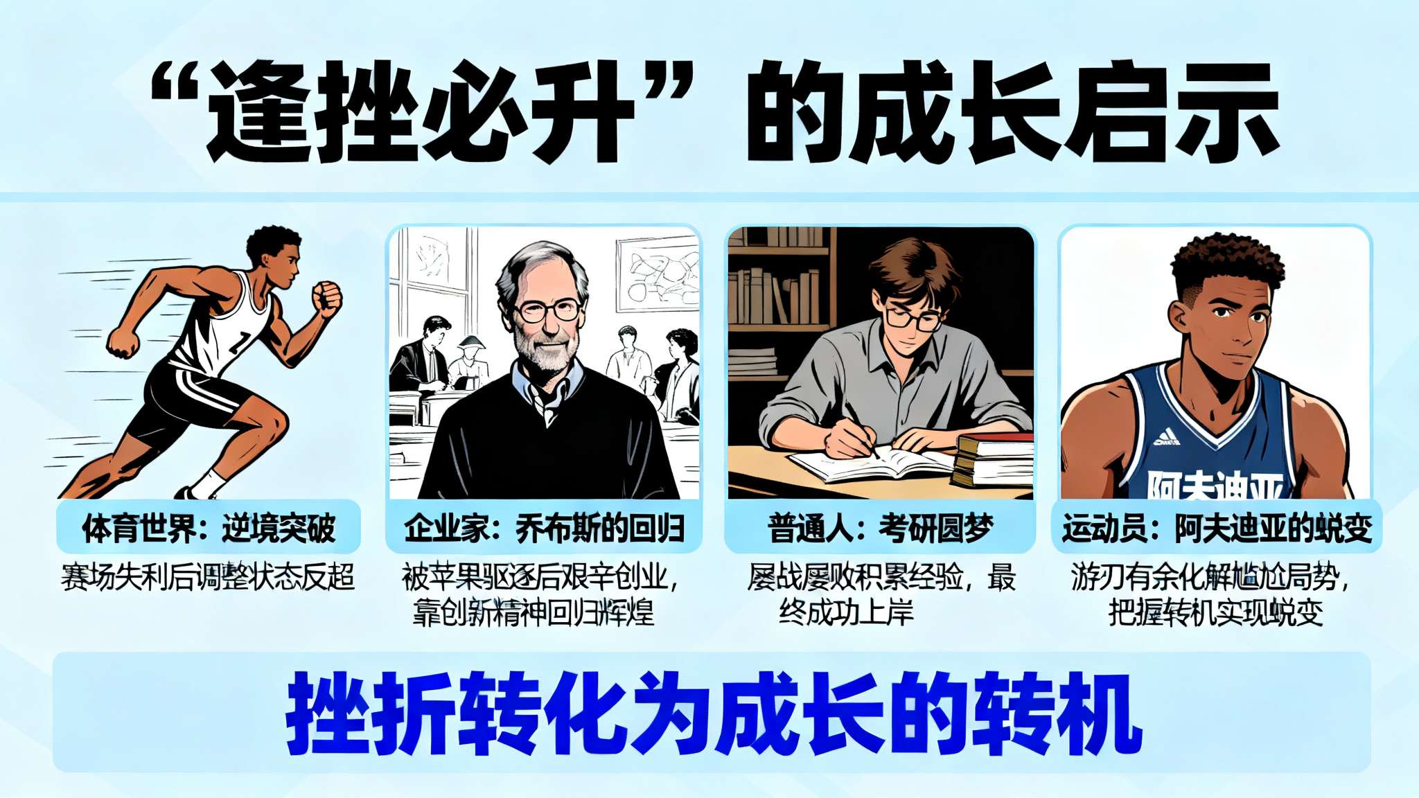 除了体育世界外，“逢挫必升”的道理同样体现在我们熟悉的大企业家，比如乔布斯（St